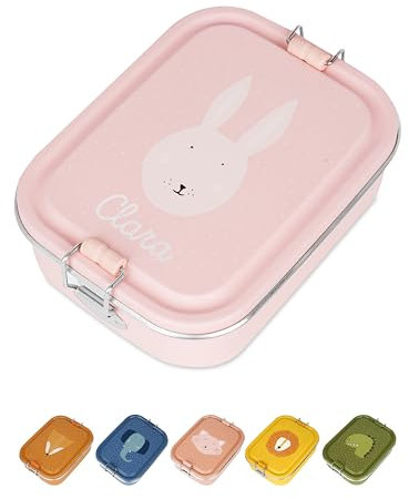 wunderwunsch TRIXIE Lunchbox Edelstahl Tier personalisiert, individualisiert mit deinem Wunschnamen, für Schule, Kindergarten als Geschenk für Kinder zur Einschulung (Hase mit Name, klein)