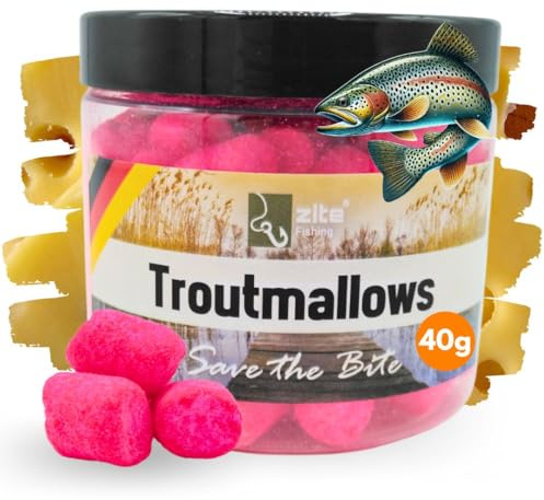 Zite Fishing Trout Mallows Forellenköder - Hochfängiger Forellenteig auftreibend - Troutmallows Starke Aromen & Leuchtende Farben 40g Dose Forellen Köder Grundmontage Naturködern (Käse pink)