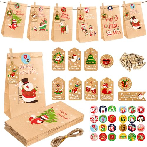 JAADU Calendrier de l'Avent à Remplir, 24 Calendrier de l'Avent Sacs, Faire soi Calendrier Noel avec Autocollants et Pinces en Bois, Ficelle de Jute, pour Faire des Cadeaux de Noël