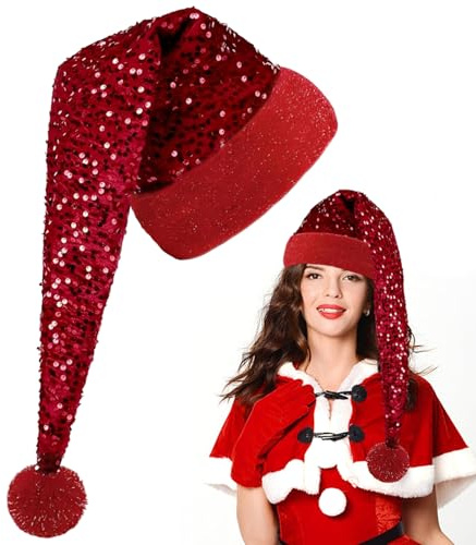 Weihnachtsmütze Erwachsene, Nikolausmütze Lang, Rot Plüsch Weihnachtsmann Mütze mit Glitzer Pailletten, Weihnachtsmannmütze mit Dicker Fellrand,Weihnachtsmützen,Santa Clause Mütze für Weihnachtsfeier