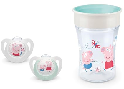 NUK Baby-Set: NUK Magic Cup 230ml, 360°-Trinkrand, abdichtende Silikonscheibe, ab 8 Monaten, BPA frei, türkis+ Silikon-Schnuller (6–18 Monate) – BPA-frei, Anti-Colic, Temperature Control