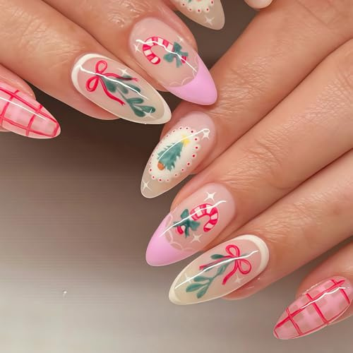 Auroriel 30 Stück Weihnachten Mandel Press On Nägel Französisch Spitze Rot Karo Mit Zuckerstange Tannenbaum Motiven Klebe Nägel Niedliche Winter Xmas Fake Nägel Für Acryl Maniküre Salon
