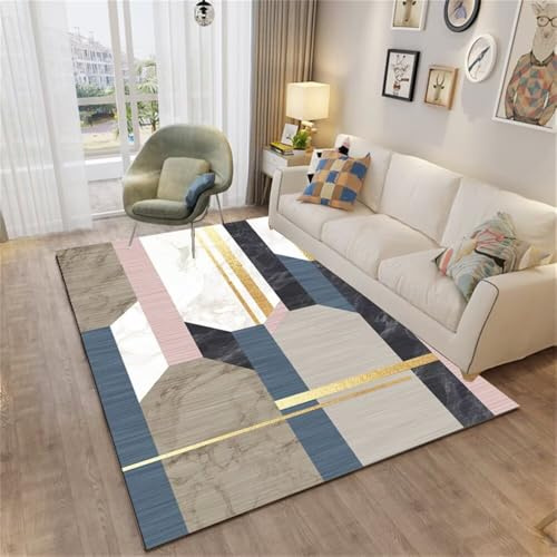 WBDYMX Teppich Nach Mass 200x300CM Kinder Hallway Rug Goldener rechteckiger Teppich. Blau großer Wohnzimmer günstig Schlafzimmer Teppiche