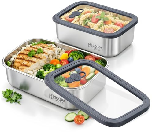 Scopa wise Stainless Steel Lunch Box Set of 2 (1000ml & 1600ml) Microwave Safe Leakproof Meal Prep Containers with Airtight Glass Lids & Steam Vent, Oven & Dishwasher Safe Bento Food Storage