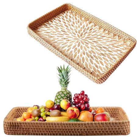 Hocadrv Tablett Rattan Dekotablett VintageTablett aus Rattan Rechteckiger | Tablett Servierbrett Serviertablett für Badezimmer Wohnzimmer Garten(37 × 23 × 4 CM)