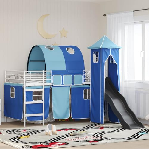 Kaloriko Weiß-Blaues Hochbett mit Rutsche und Turm, 90x200 cm, Metallrahmen, Abenteuer Spielbett für Kinderzimmer, Langlebiges Etagenbett mit Vorhängen, Robustes Design