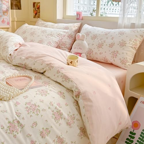 Freyamy Bettwäsche 135x200 Blumen Weiß Rosa Floral Aesthetic Bettwäsche Set | Aesthetic Bettwäsche Mädchen, Microfaser ÖKO-TEX Bettwäsche-Sets, 1 Bettbezug mit Reißverschluss und 1 Kissenbezug 80x80cm