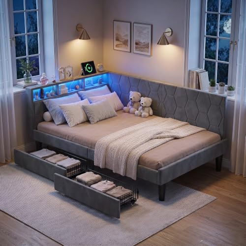 DAHUEN Schlafsofa Bett 140x200 cm für Kinder mit LED-Kopfteil und USB-Anschluss, Polsterbett Kinderbett mit 2 Schubladen, Jugendbett Tagesbett Bettgestell mit Lattenrost, Leinen (Grau-c, 140x200)