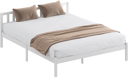 HOMCOM Cadre de Lit Bois Massif 160x200 cm Lit Simple Tête Intégrée Blanc | Sommier à Lattes Solide, pour Enfants Adultes