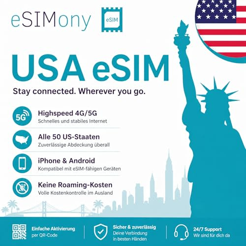 USA eSIM (1 GB / 7 Tage) – Prepaid Internet für USA Reisen – 5G/LTE – Sofort aktivierbar – Kein Roaming – Für iPhone & Android