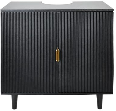 OHS Under Sink Bathroom Cabinet Ribbed Wooden Under Basin Unit, Black | Free Standing Cupboard Storage 2 Doors & Shelf Raised Feet for Easy Cleaning Under Sink Cabinet