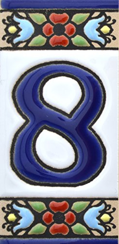 Hausnummer. Schilder mit Zahlen und Nummern auf Keramikkachel. Handgemalte Kordeltechnik fuer Schilder mit Namen, Adressen und Wegweisern. Design FLORES MINI 7,3 cm x 3,5 cm (Nummer ACHT 8).