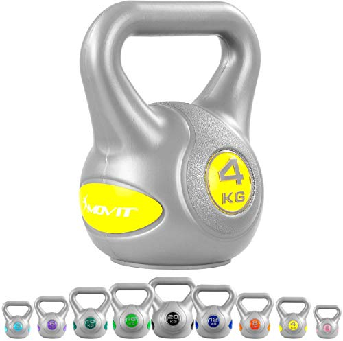MOVIT Kettlebell STYLISH Grey, Kugelhantel mit Bodenschonender Kunststoffhülle, 2 bis 20 kg, Schadstoffgeprüft, 4 kg Gelb
