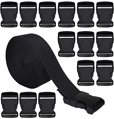 RETON 50MM 10 Yards Schwarz Nylon Gurtband + 10 Stück Verstellbare Schnallen Kunststoff Seitenschnallen, Gurtband mit Schnalle für die Reparatur von Rucksack Gepäck Gurt.