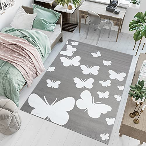 TAPISO Luxury Teppich Kurzflor Kinderteppich Grau Weiß Modern Schmetterlinge Design Wohnzimmer Schlafzimmer Kinderzimmer ÖKOTEX 80 x 150 cm