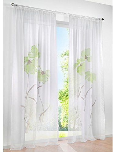 1 Stück Gardine mit Blumen Druck Floral Design Vorhang Transparent Voile Vorhänge (BxH 150x225cm, Grün mit Kräuselband)