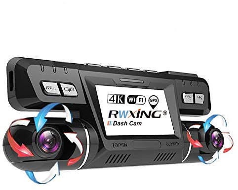 4K WiFi GPS Dashcam Voiture Avant et Arriere Double 360° Rotatif 340 Degres Wide Angle Caméra Surveillance Embarquée avec Sony WDR Vision Nocturne Carte Micro SD 128 GO ADAS Détection de Mouvement