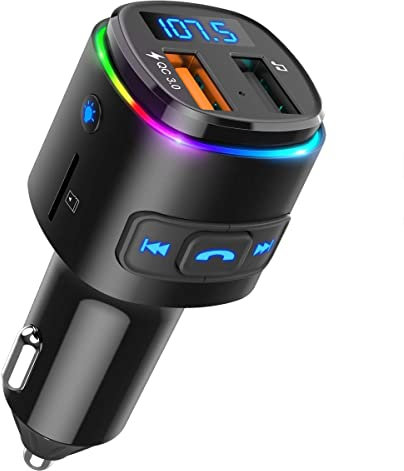 ORIA Transmisor FM Bluetooth para Coche, Adaptador de Radio Inalámbrico con Siri Asistente, Reproductor MP3 Adaptador Receptor con QC3.0 Cargador, Manos Libres para Coche, 7 Colores de Luz RGB