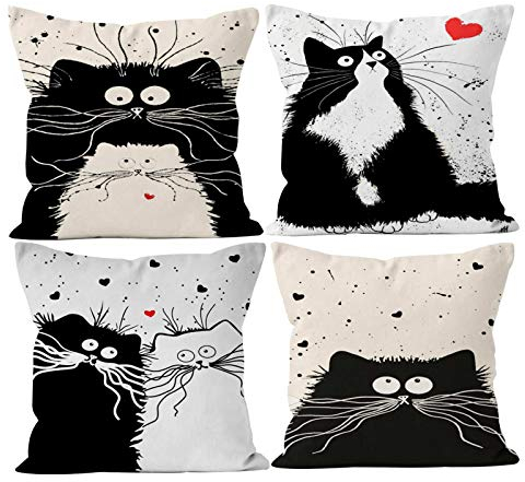 4 Kissenhülle Katzenfreund Mixpaket Kissenbezug Katzenmotiv Dekokissen Leinenstruktur, Größe:40x40cm, Motiv:Katzen
