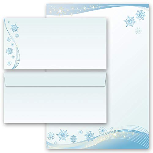 Briefpapier Set, 40 tlg. Wintermotiv, SCHNEEFLOCKEN Jahreszeiten - Winter 20 Blatt Briefpapier + 20 passende Briefumschläge DIN LANG ohne Fenster | Paper-Media