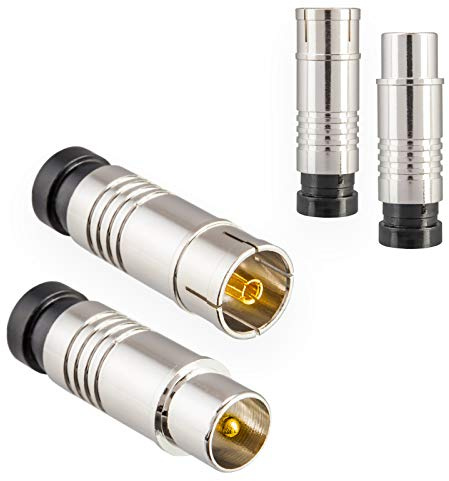 Antennenstecker Set 2X Stecker & 2X Buchse für Kabelfensehen DVB-C Radio DVB-T2 TV Antennen IEC (männlich + weiblich) Kompressionsstecker für Koaxial Antennenkabel Kupplung Kabel BK Anlagen HQ 4K UHD