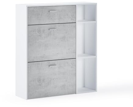 Skraut Home | Armario Zapatero | 102 x 90 x 26 cm | Capacidad para 12 Pares de Zapatos | 2 Puertas Basculantes + 1 Cajón | Modelo Wind | Acabado Blanco/Cemento
