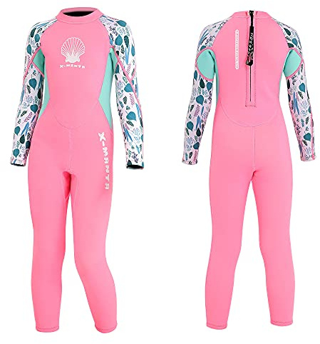 MWTA Traje de neopreno para niños y niñas de 2,5 mm de neopreno térmico traje de baño completo de manga larga para niños pequeños y jóvenes natación, buceo, surf, rosa -XL