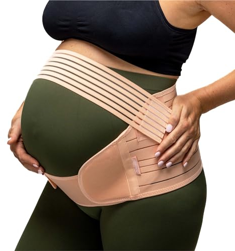 BABYGO® Bauchgurt Bauchband Schwangerschaft | Schwangerschaftsgürtel Stützgürtel bauchstütze beckengurt | inklusive Übungsbuch - Yoga für Schwangere XL Beige