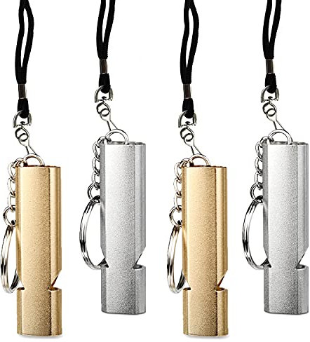 DEEDPF 4 Survival-Pfeifen mit Schlüsselanhänger und Kordel, Aluminiumlegierung, Doppelrohr mit hohem Dezibel, Rettung, Reisen, Sport, Training von Haustieren
