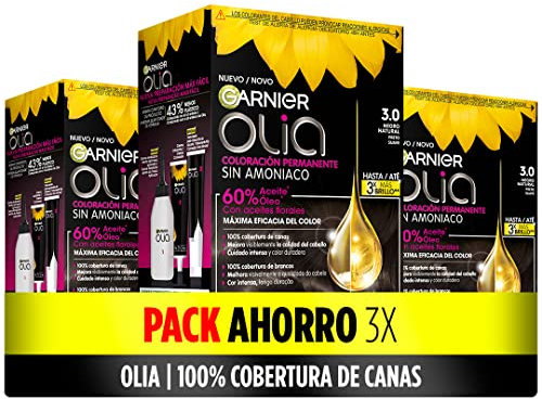 Olia Garnier - Pack de 3 coloración permanente con aceites florales origen natural sin amoniaco para un olor agradable, color tono 3.0 negro natural