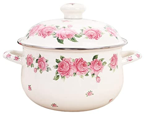 YARNOW Retro Flower Enamel Stockpot: Stew Pot with Lid 20cm Non- Stick Ceramic Coated Low Stockpot Quart Stockpots Soup Casserole Pasta Milk Sauce Pot for Home Kitchen Cooking