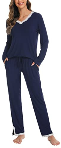 Lovasy Ensemble de Pyjama Femme Cotton Sexy Hiver Grande Taille | Ensembles Manche Longue Col en V 2 Pièces Sensuel Dentelle pour Automne Noël