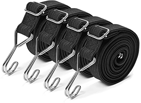 Yorkmills Lot de 4 tendeurs élastiques avec crochets, 2 m, en caoutchouc extra résistant, réglable, plat, avec boucle en métal pour porte-bagages, camping, jardinage, corde à linge