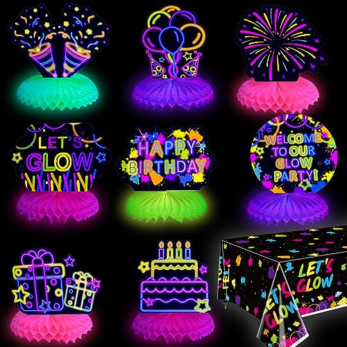 PIXHOTUL Glow in The Dark Dekorationen - 8 Stück Leuchtende Neon Party Waben Tischaufsteller - Schwarzlicht Waben Tischaufsteller Und Let's Glow Tischdecke Für Kinder Schwarzlicht Party