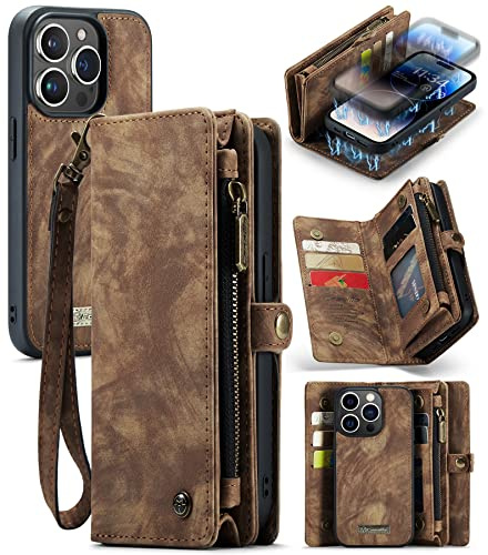 UFinetech für iPhone 14 Pro Hülle, Flip Leder TPU Stoßfest Kartenfach Tasche Handyhülle für iPhone 14 Pro, Magnetisch Klapphülle Kratzfest Abnehmbare Reißverschluss mit Band Schutzhülle Case, Braun