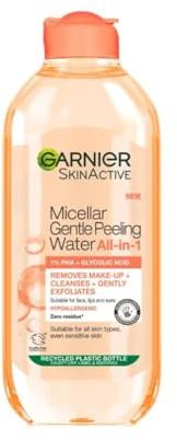 Garnier All-in-1 Micellar Water, Removes Make-Up, Cleanses, Exfoliates & Boosts Glow, Suitable for Face + Lips + Eyes, 1% PHA & Glycolic Acid, Vegan, Gentle Peeling, 400ml