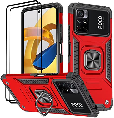 KANSi Coque pour Xiaomi POCO M4 Pro 5G / Redmi Note 11S 5G (6.6), Verre Trempé [2 Pièces] + Housse TPU Silicone Rotation 360° Aimant Anneau Support Double Défense Protection Etui - Rouge