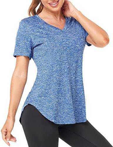 Deaviya Sport T-Shirt Damen, Fitness Sport Shirt Kurzarm Oberteile, V-Ausschnitt Laufshirt für Frauen, Workout, Gym Yoga Shirt Damen (DE/NL/SE/PL, Alphanumerisch, M, Regular, Regular, Blau)