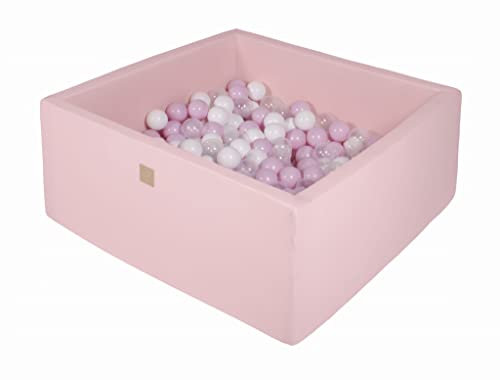 MEOWBABY Piscine À Balles pour Bébé - Carré 90x90x40cm Piscine a Balle pour Enfant avec 200 Balle, Coton, Rose Clair: Blanc/Rose Pastel/Transparent