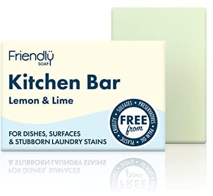 Friendly Soap - Lemon & Lime Kitchen Bar (95g), For Dishes, Surfaces & Stubborn Laundry Stains, Cruelty Free, No Palm Oil, No Preservatives, No Sulphates, Handmade in the UK, Vegan