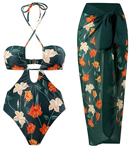 Damen 3-teilige Badeanzüge Neckholder Ring Allover Print Beach Wrap Badeanzug Cover Up Bikini Wrap Rock Bikini Set mit Cover Up Rock Badeanzug Rot Bauchweg