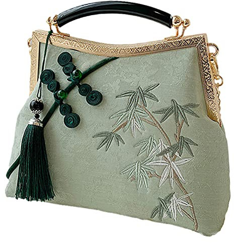 Anopo Damen Bestickte Clutch Chinesischer Stil Vintage Handtasche mit Quaste Anhänger Umhängetasche für Hanfu Cheongsam Hellgrün