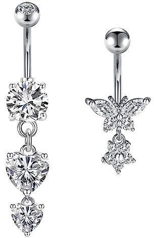 vcmart 2stk Bauchnabelpiercing 10mm Herz Schmetterling Anhänger Chirurgenstahl Silber Bauchpiercing Piercing Bauchnabel Schmuck 14G