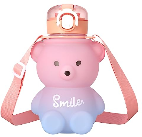 Fuyamp Kawaii Bear Water Bottle With Straw and Strap,800ml Cute Gradient Colorful Water Bottles Portable Leakproof BPA-free Drinking Cups for Kids Girls Women Sports Camping Picnic Hiking Travel