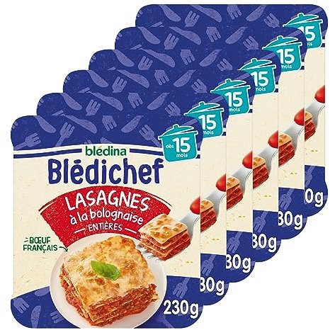 Blédina - Blédichef - Repas bébé 15 mois - 6 plats lasagnes à la Bolognaise - Bœuf français - Faible teneur en sel - Dès 15 Mois - 6 Assiettes de 230g