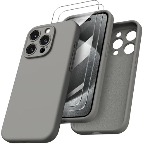 ORNARTO für iPhone 15 Pro Hülle mit Kameraschutz und 2 Schutzfolien, flüssigem Silikon Handyhülle iPhone 15 Pro 6.1 Zoll, stoßfeste iPhone 15 Pro Schutzhülle mit Mikrofaser - Grau