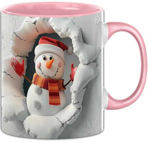 Trendation - 3D Schneemann Tasse Geschenk 3D Motiv Grafik Becher Weihnachten Schnee (Rosa)