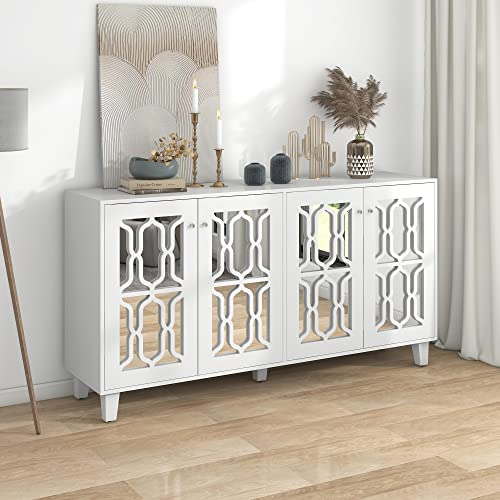 Becag Sideboard Weiß, Anrichte Küchenschrank mit 4 Spiegeltüren, Buffetschrank Cabinet Sideboard mit Arbeitsplatte Wohnzimmer Küche, mit beweglichem Laminat, Kristallgriffen, 160x40x84 cm, Weiß