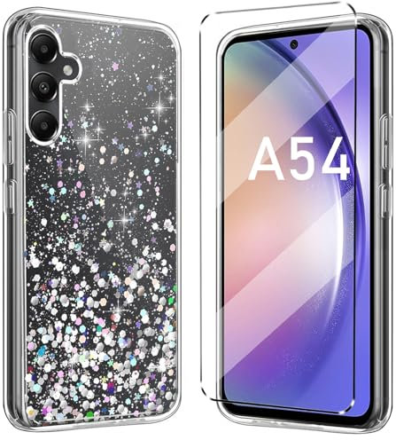 Coque à paillettes compatible avec Samsung Galaxy A54 5G avec 1 coque de protection d'écran en verre trempé pour téléphone portable en TPU souple fin antichoc et anti-rayures Transparent