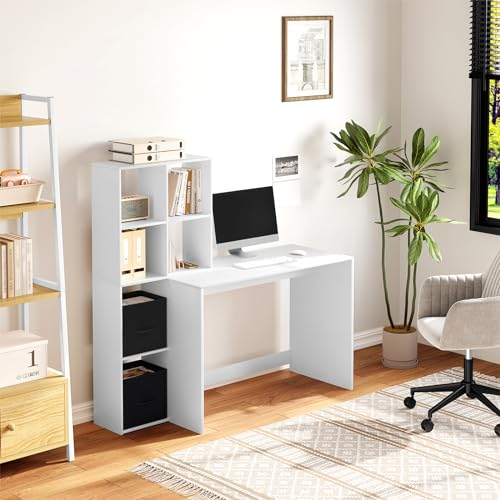 WOLTU Schreibtisch mit Regal & Stauraum, Computertisch Homeoffice, Weiß, Bürotisch fürs Arbeitszimmer Schlafzimmer, 140x50x134 cm